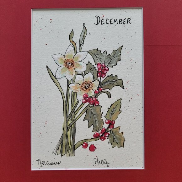Original  Watercolor Christmas Holly Narcissus Painting Art 8" x 10" Mat - Picture 2 of 7